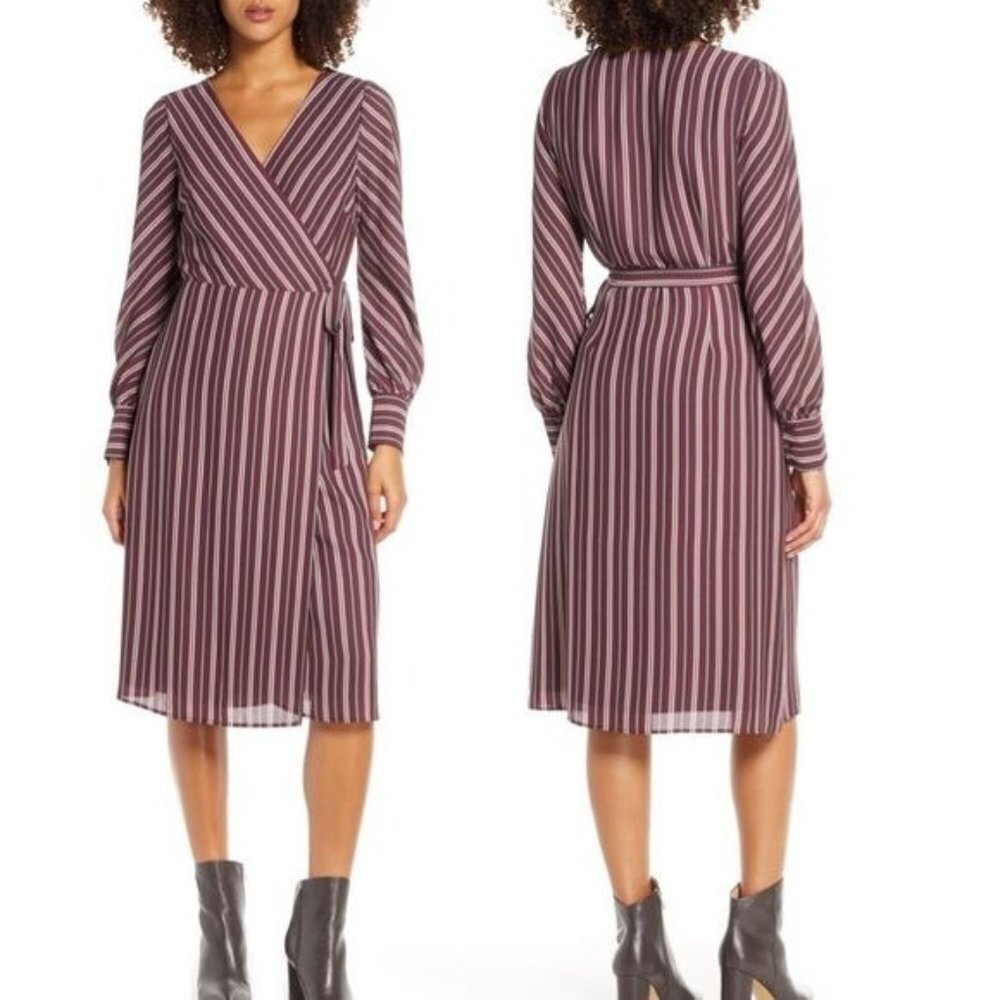 NWOT Chelsea28 Long Sleeve Striped‎ Wrap Dress Midi V-Neck Burgandy XS